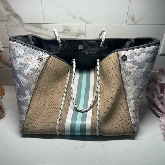 Brown and Gray Perforated Tote Bag with Pouch - Picture 6 of 9